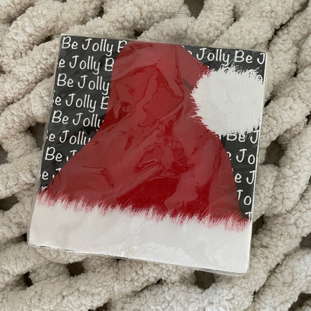 PIER 1 IMPORTS CHRISTMAS SANTA HAT "BE JOLLY" BEVERAGE NAPKINS 20 COUNT NEW